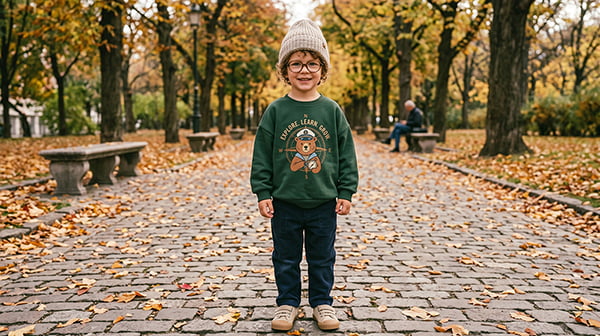 A small, neat stack of custom-labeled children's t-shirts